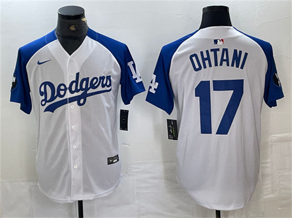 Los Angeles Dodgers #17 Shohei Ohtani White Blue Vin Patch Cool Base Stitched Jersey